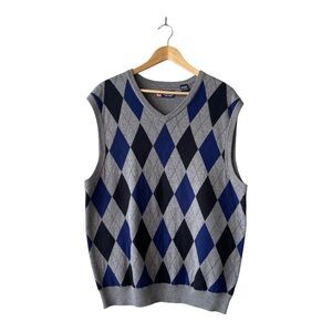 Chaps 100% Cotton Argyle Gray Black Blue Sweater Vest XL